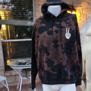 Bowery Supply Brown Black Tie Dyed Hoodie Sweatshirt Skeleton Hand Peace Sign XL